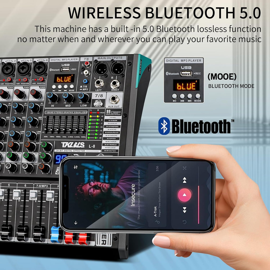 8 Channel Streaming Audio Mixer, Sound Board Mixing Console with USB Interface, 99 DSP Effects, 48V Phantom Power, XLR Inputs for Recording, Content Creation