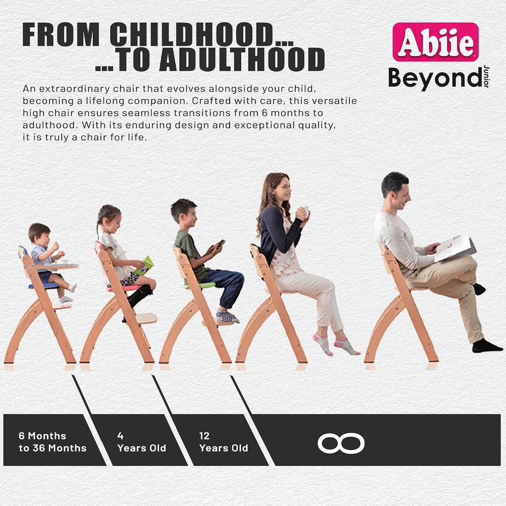 Abiie Beyond Junior Wooden High Chair for Babies and Toddlers - Convertible 3-in-1 Baby Highchair with Removable Tray - 6 Months to 250 Lb - Water Resistant - Misty Grey Wood/Black Pearl Cushion
