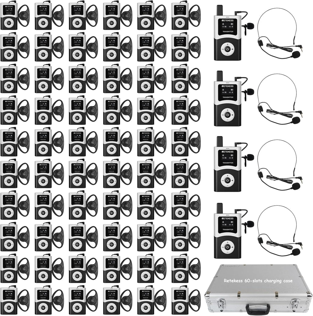 Retekess T130U(4nd Gen T130) Audio Tour Guide System, U-Band Digital Mode, 60-Slot Charge Case, 200m, 40h, Wireless Tour Guide Microphone and Speaker, for Tourist Groups(4 Transmitter 60 Receivers)