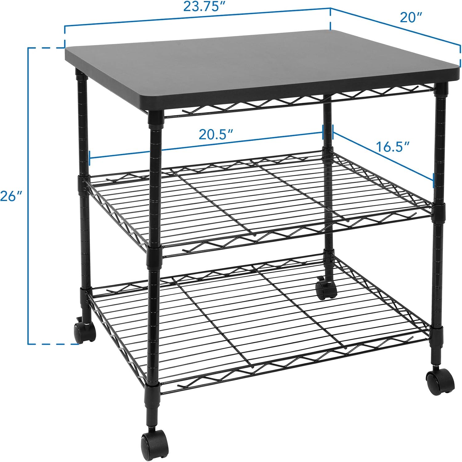 Mount-It! Printer Stand With Wheels | 3-Tier Large Printer Cart With Storage Shelves For 3D & Laser Printer, Scanner, Heat Press | Rolling Metal Utility Table For Home and Office Use, 200 Lbs Capacity
