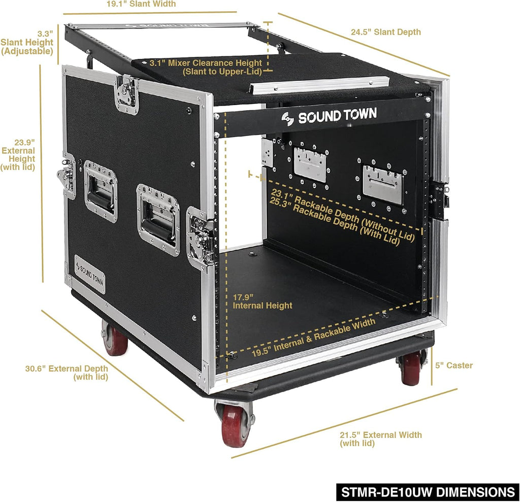 Sound Town Enhanced Thickness 1/2' (12mm) Plywood 10U Audio Rack/Road Case with 14U Slant Mixer Top, 25'' Rackable Depth and Casters-Pro Tour Grade (STMR-DE10UW)