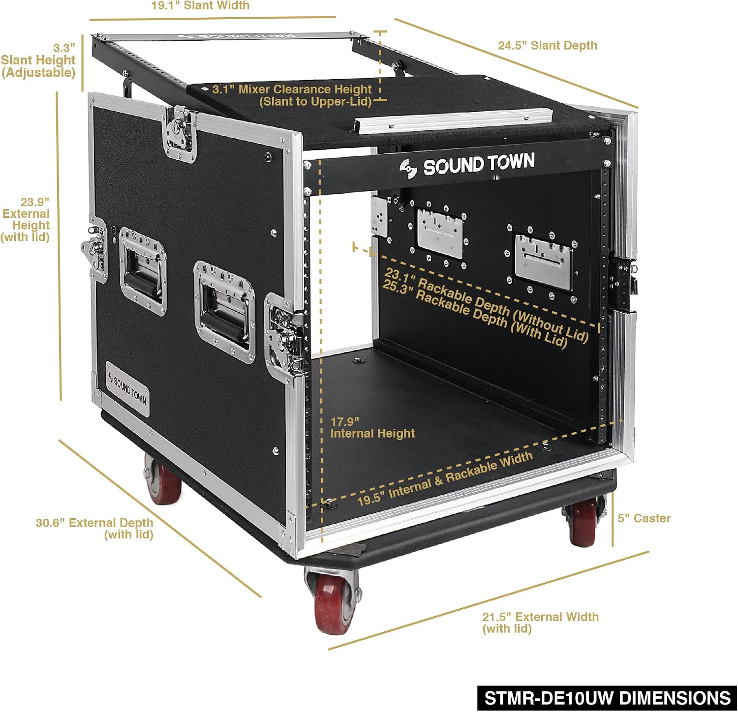 Sound Town Enhanced Thickness 1/2' (12mm) Plywood 10U Audio Rack/Road Case with 14U Slant Mixer Top, 25'' Rackable Depth and Casters-Pro Tour Grade (STMR-DE10UW)