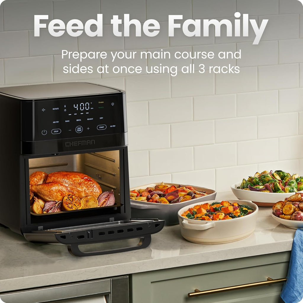 Chefman Air Fryer 6-in-1, XL 14-Quart Multifunctional Airfryer with Touchscreen Controls, Rotisserie, Food Dehydrator, Convection Oven, Bake, Broil, and Reheat Functions, Windowed Door – Black