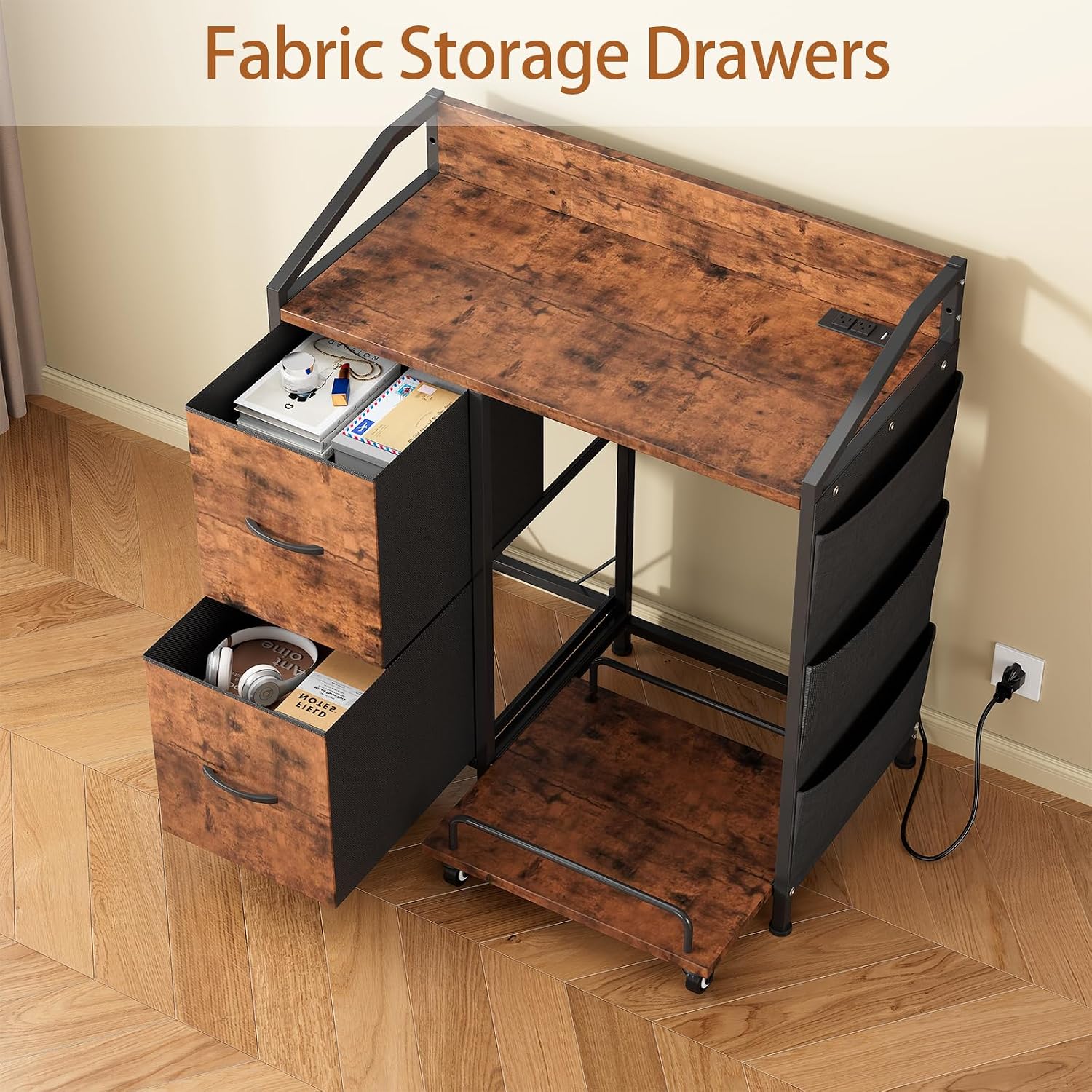 Printer Stand with Storage, Lateral Office Filing Cabinets with Power outlets & USB Charging Port, File Cabinet with Large Printer Stands for Home Office, Shredder Stand Rack (Rustic Brown)