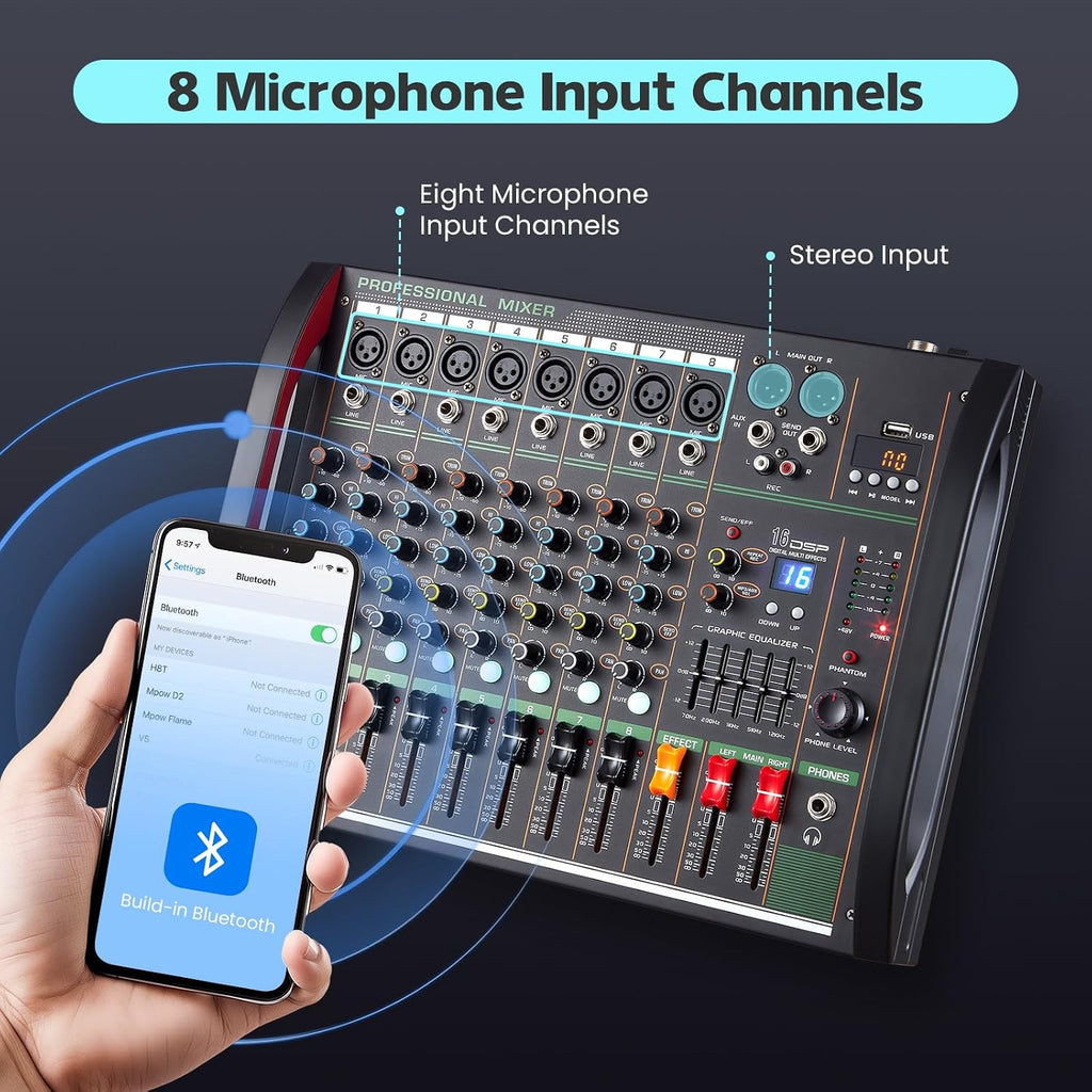 Audio Mixer 8 Channel, Professional Music Sound Mixer Board with 48V Phantom Power, Digital DJ Mixing Console with Reverb USB Port Bluetooth for Recording Karaoke Podcasting