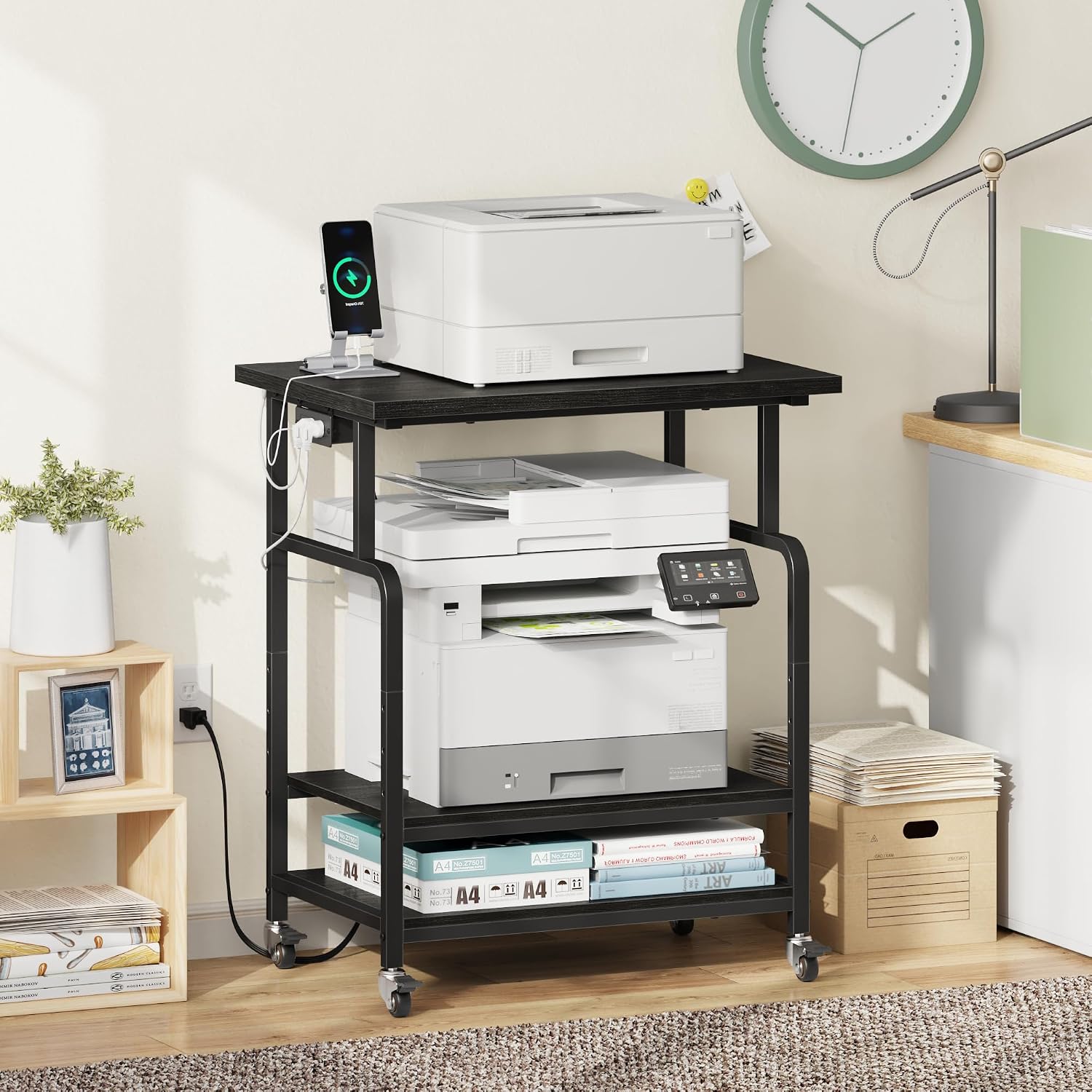 YAOHUOO 3 Tier Large Printer Stand with Power Outlet/Adjustable Storage Shelf, Rolling Cart with Wheels, Printer Table for Home Office 3D Printer/Heat Press/Laster, 23.6'×19.6' Black