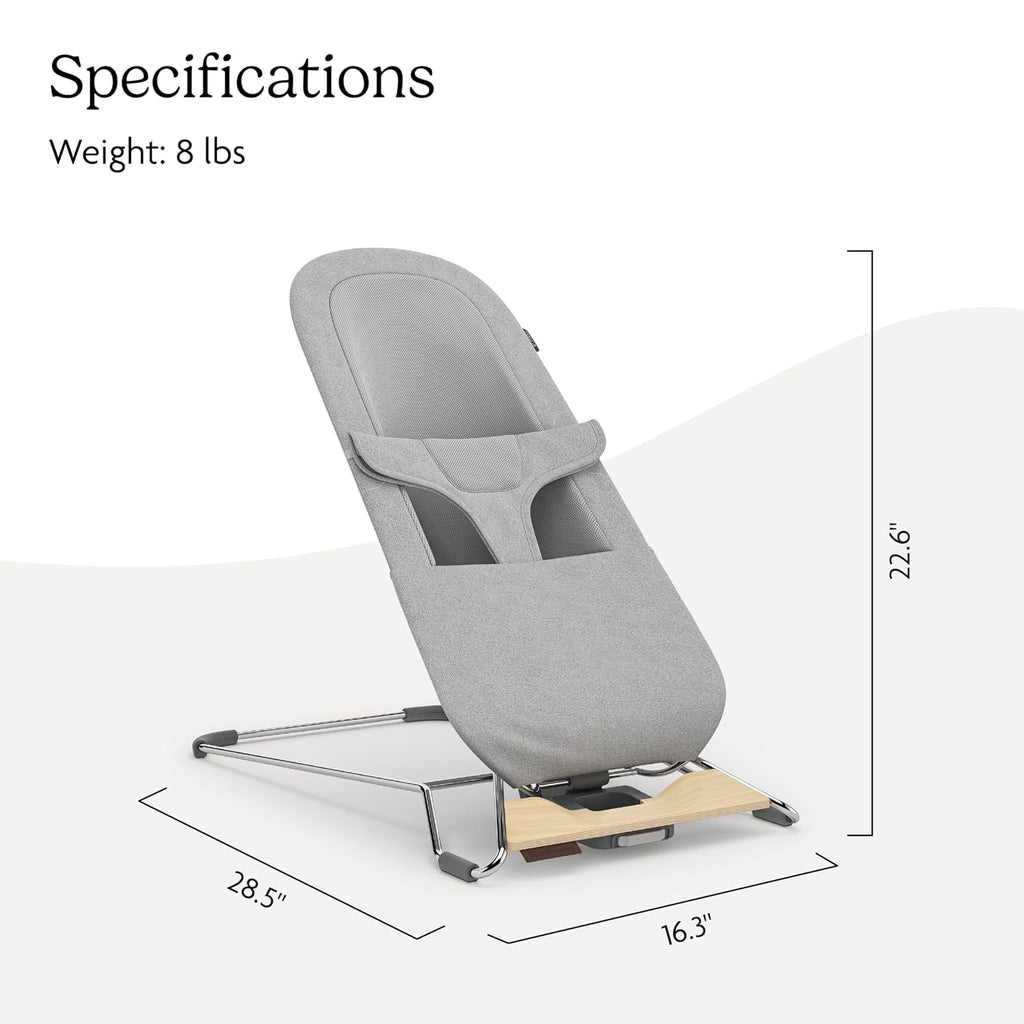 UPPAbaby Mira Bouncer/Portable 2-in-1 Bouncer + Seat Grows with Your Baby/GREENGuard® Gold, JPMA + FSC® Certified/Cozy Seat Liner + Storage Bag Included/Stella (Grey Mélange/Silver Chrome/Maple Wood)