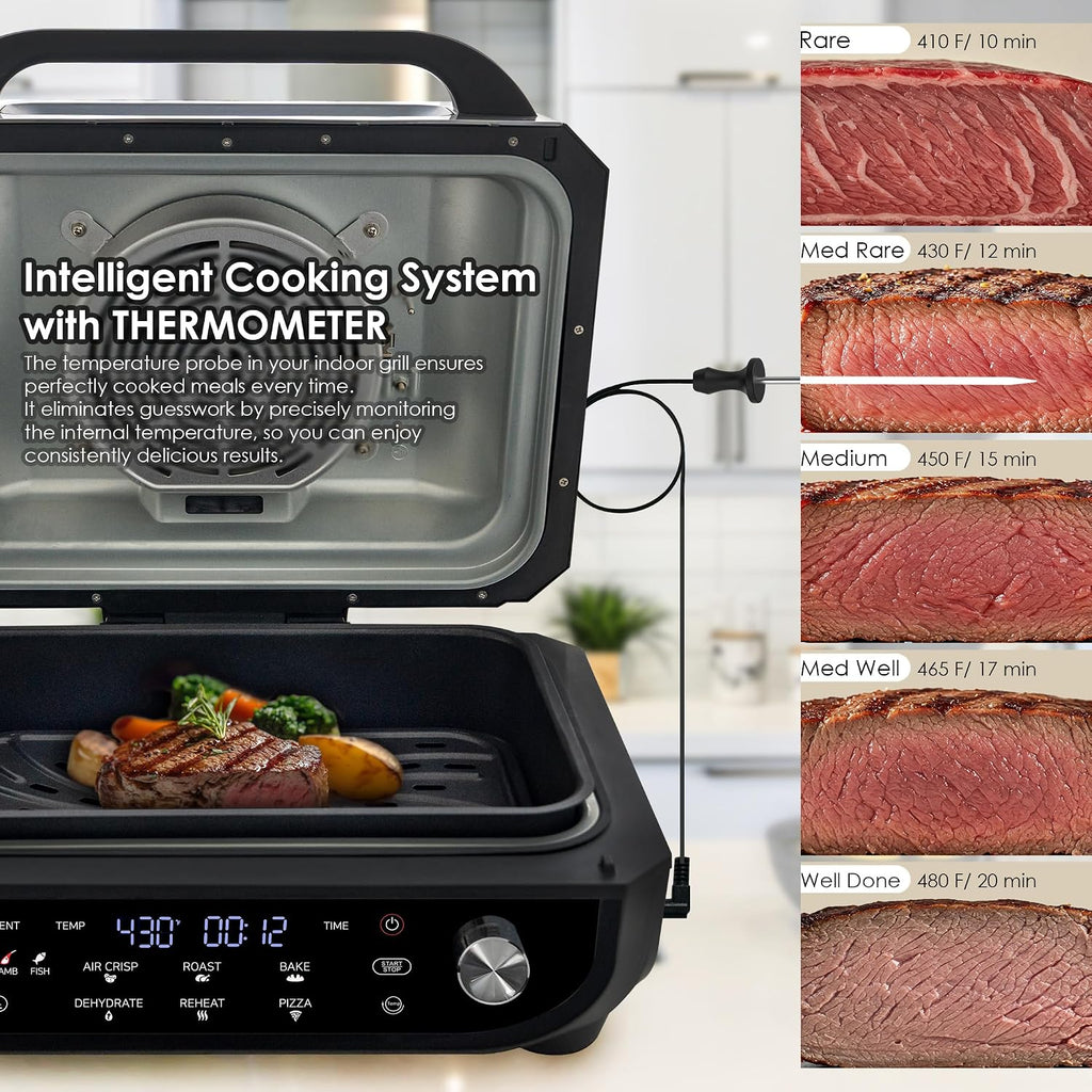 MAGiC COM Indoor Grill Air Fryer Combo, 7-in-1 Electric Grill with Steak, Roast, Air Crisp, Bake, Dehydrate, Pizza and Reheat. Smart Thermometer, Non-Stick, Dishwasher Safe/Black