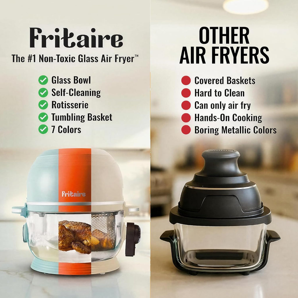 Non Toxic Air Fryer™ Pro | 9-in-1 Glass Air Fryer | Self-Cleaning | 5 Quart | Rotisserie and Tumbler | 400F Vortex For Even Cooking, BPA-Free Teflon Free, Recrisp, Roast, Bake, Black