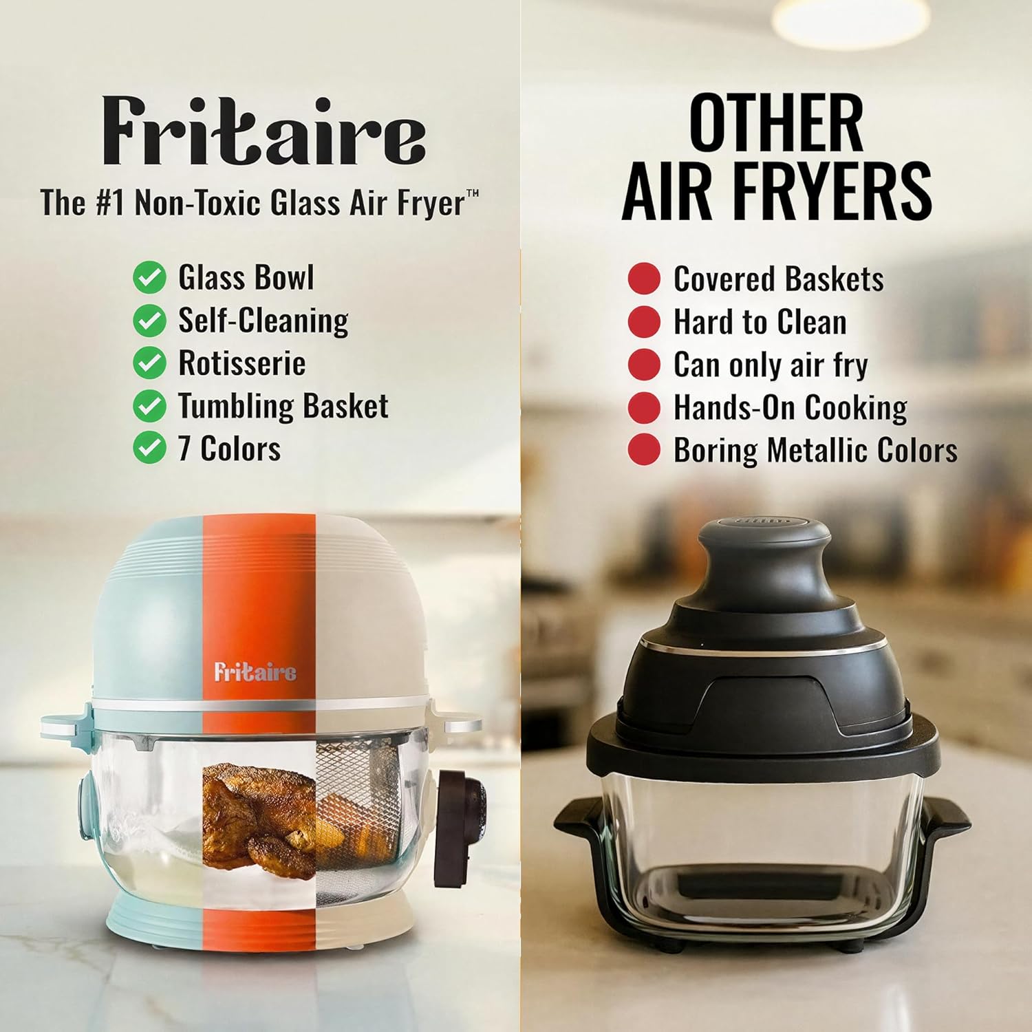 Non Toxic Air Fryer™ Pro | 9-in-1 Glass Air Fryer | Self-Cleaning | 5 Quart | Rotisserie and Tumbler | 400F Vortex For Even Cooking, BPA-Free Teflon Free, Recrisp, Roast, Bake, Cherry