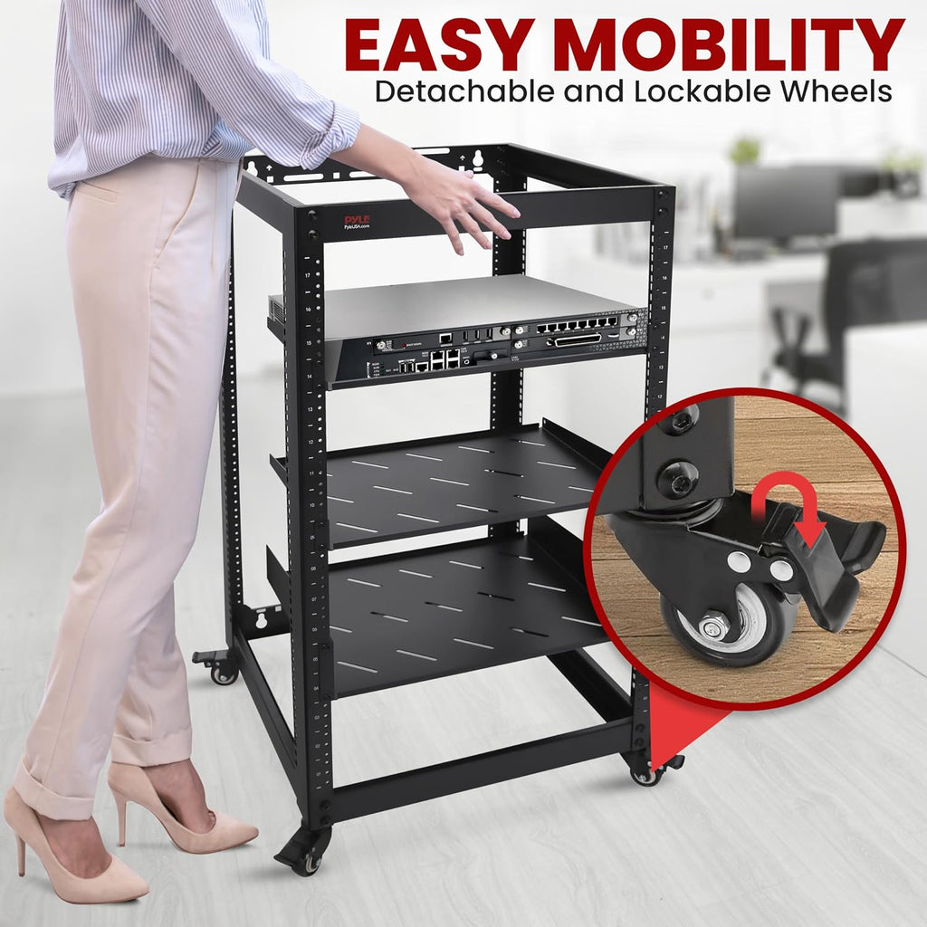 Pyle 20U Open Frame Server Rack - Wall Mount Network Rack for Servers, Networking & AV Gear - Heavy-Duty 19' Equipment, Includes 1U & 2U Vented Shelves for Airflow, Lockable Wheels - 440 lbs Capacity