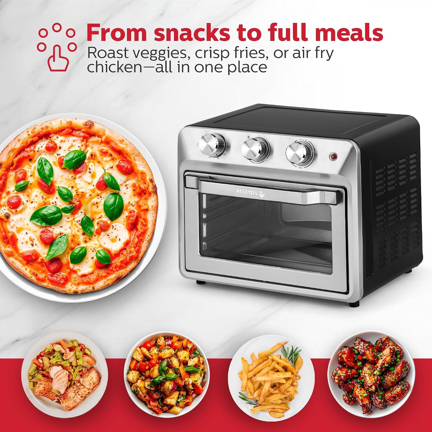 Holstein Housewares 21QT Air Fryer Oven. Multi-Function Countertop Oven for Toast, Bake, Broil, Roast & Air Fry with Glass Door, Timer & Dishwasher Safe Accessories. Large 6 Slice Capacity