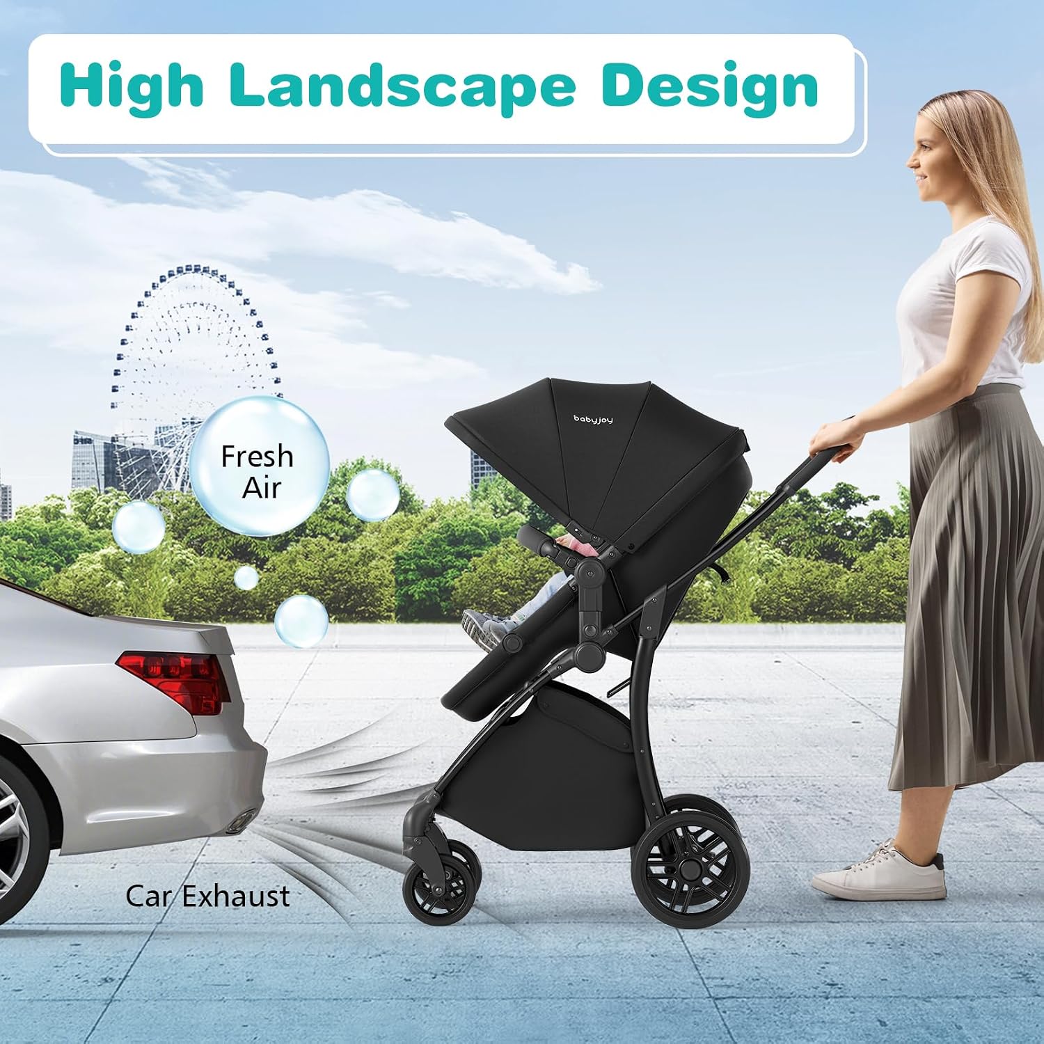 BABY JOY 2 in 1 Baby Stroller, High Landscape Convertible Bassinet Stroller with Reversible Seat, Adjustable Backrest & Canopy, Foldable Pushchair Pram Stroller for Newborn Toddler 0-36 Months (Black)