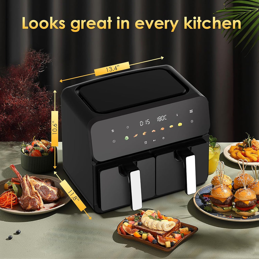 10QT Large Dual Zone Air Fryer, Double Basket Air Fryer with 2×5QT Baskets, Digital Full Touchscreen Easy-Panel, SyncCook Function, Cook 2 Dishes at Once for 4-6 Family,1700W, Black
