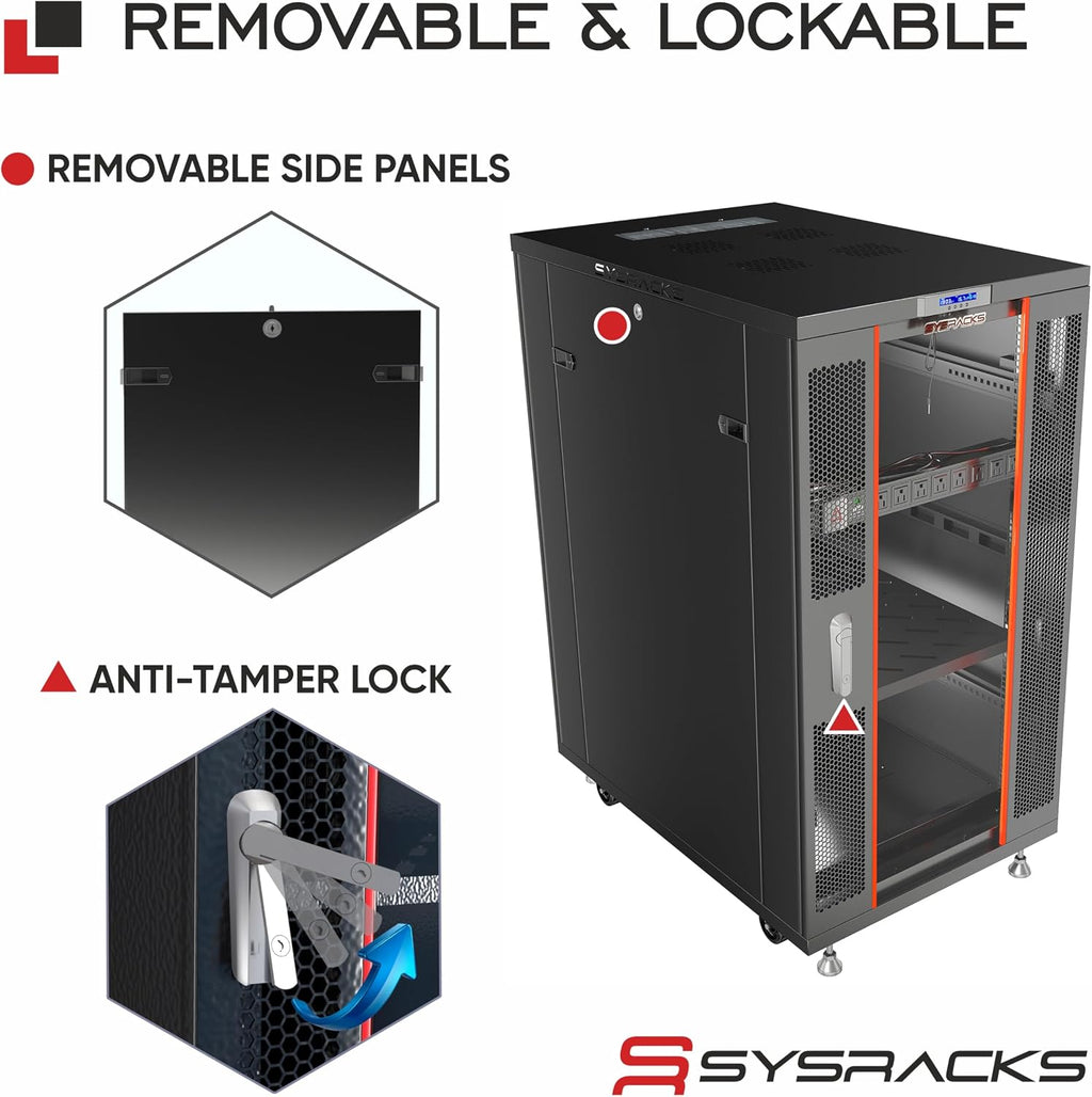 18U Home Server Rack Cabinet – 19' Floor Standing Network Rack, 32' Deep Homelab Rack with Locking Glass Door, Cooling Fans, PDU & Shelf for NAS, Router, Switch and AV Equipment