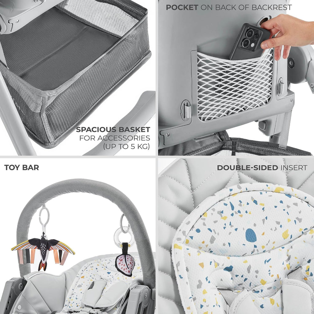 Kinderkraft LASTREE Foldable Baby High Chair for Babies and Toddlers with Reclining Function, Play Bar, Adjustable Tray and Footrest in Grey