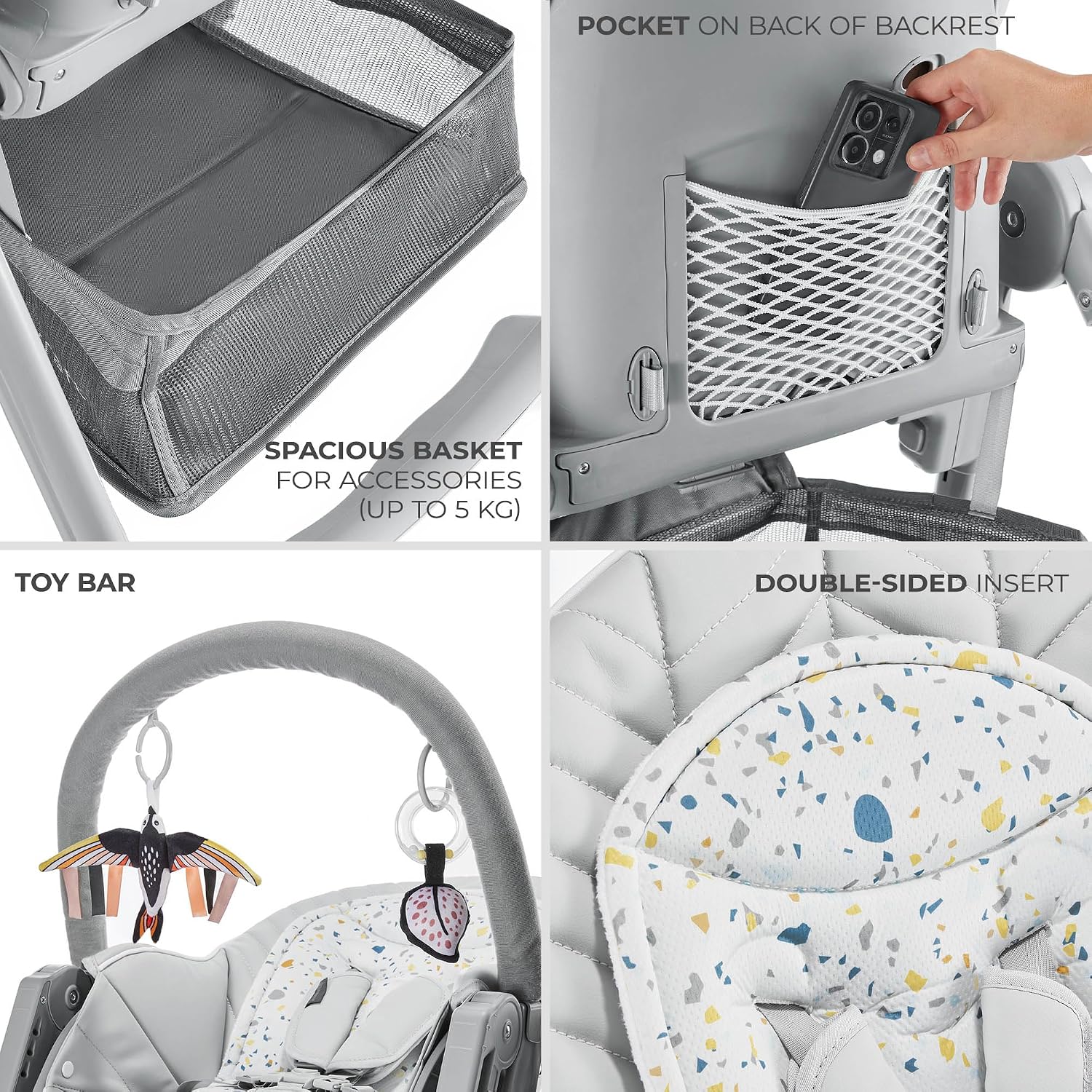 Kinderkraft LASTREE Foldable Baby High Chair for Babies and Toddlers with Reclining Function, Play Bar, Adjustable Tray and Footrest in Grey