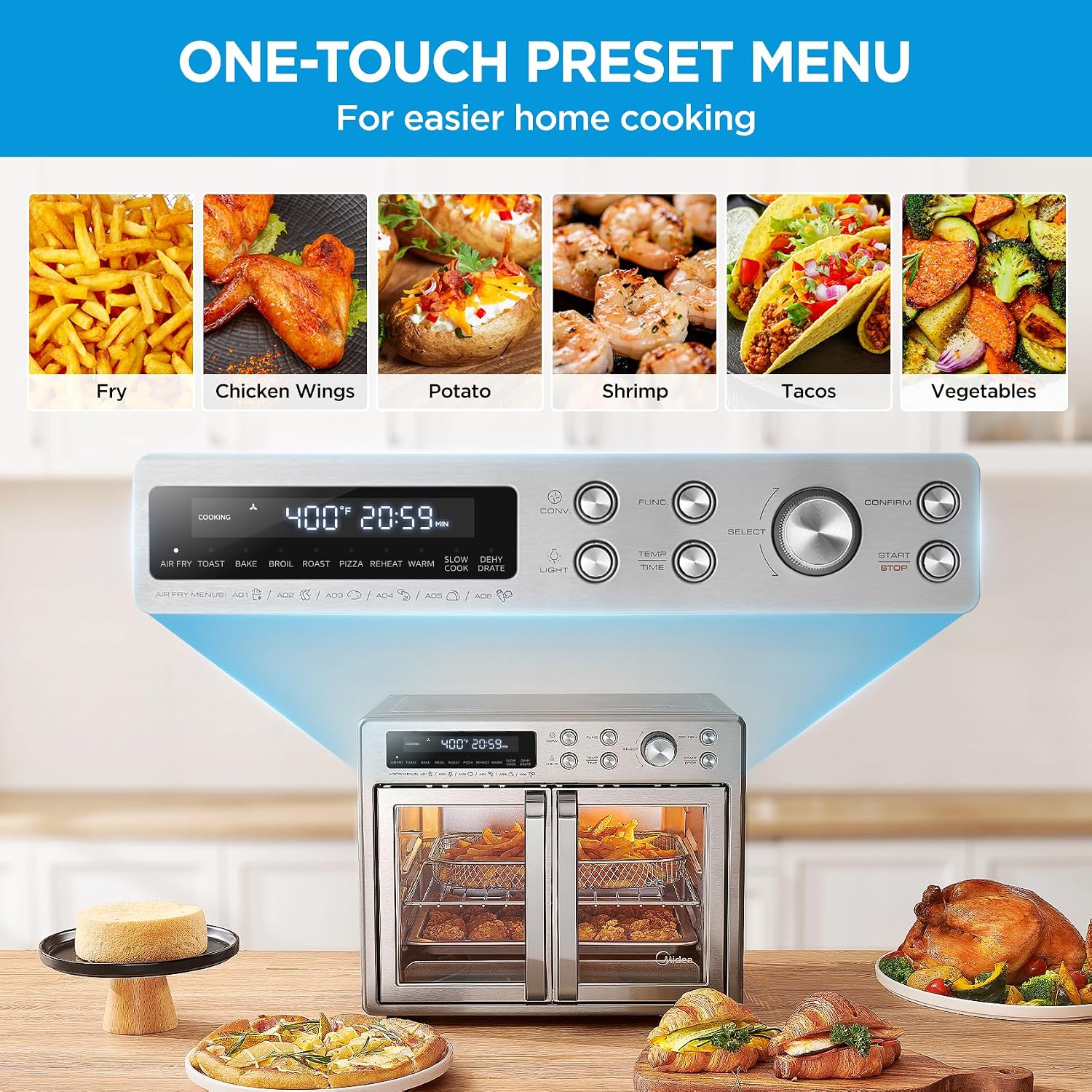 Midea Flexify Classic French Door Toaster Oven Air Fryer Combo, 10-in-1 Large Capacity 26.4 QT Countertop Oven, 25% Faster Cooking and 90% Less Oil, Stainless Steel