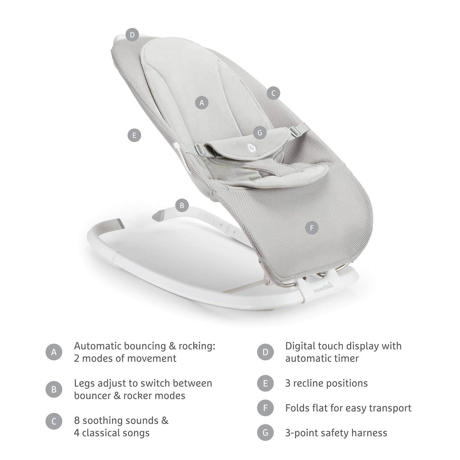 Munchkin® Electric Baby Bouncer & Rocker with Digital Touch Display, Soothing Sounds & 3 Recline Positions - Automatic Bouncing & Rocking, Grey