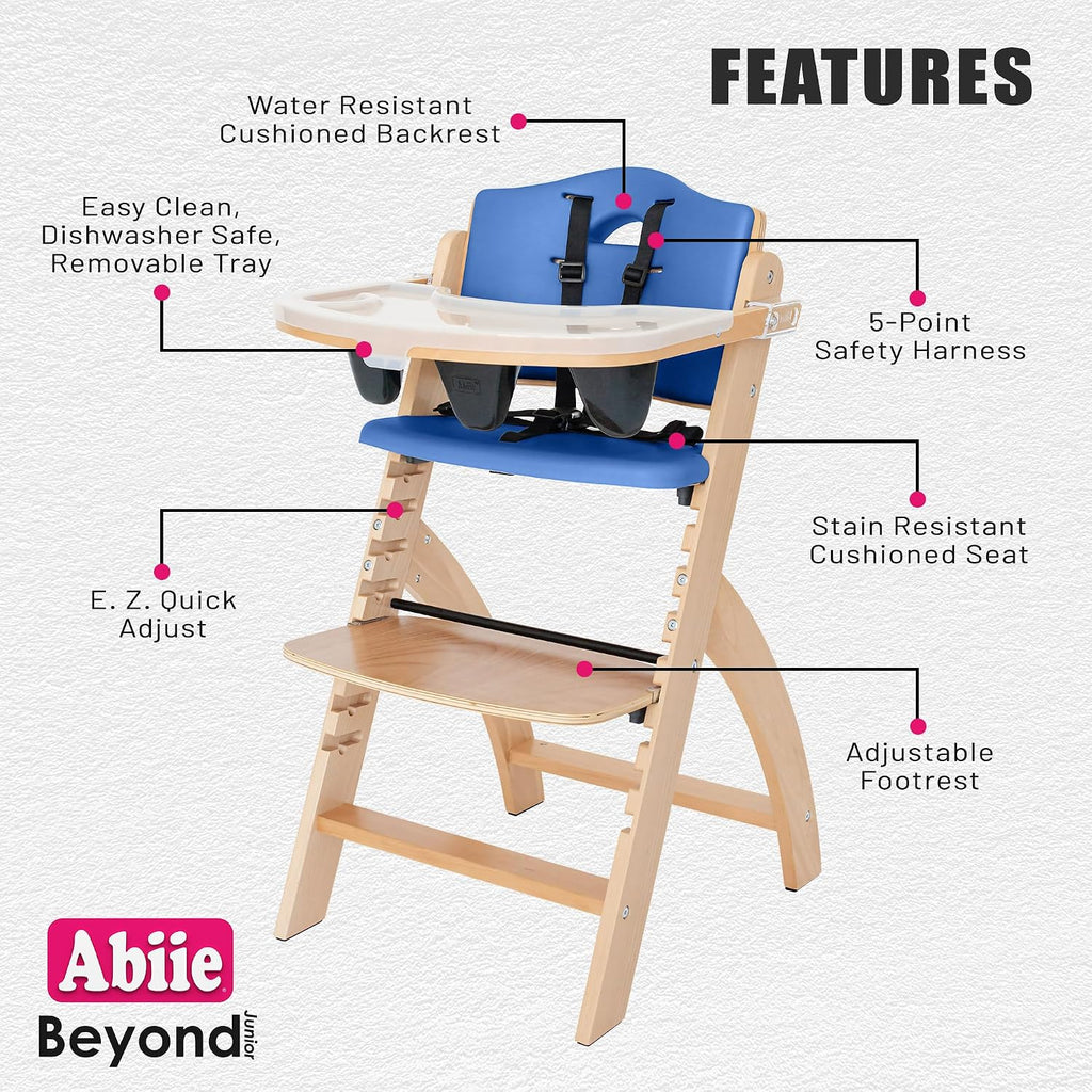 Abiie Beyond Junior Wooden High Chair for Babies and Toddlers - Convertible 3-in-1 Baby Highchair with Removable Tray - 6 Months to 250 Lb - Water Resistant - Natural Wood with Blueberry Cushion