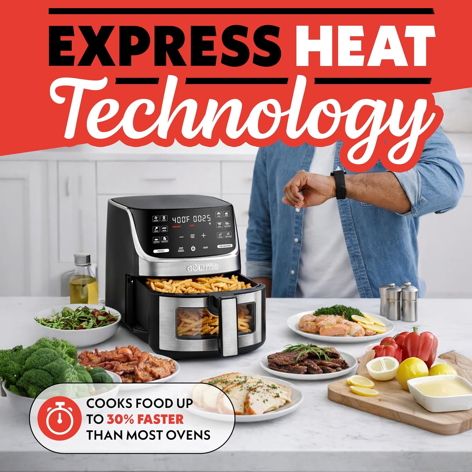 Gourmia Air Fryer - 7 Qt Large Capacity with LED Display, 12 One-Touch Presets, FryForce 360° Technology, Nonstick Dishwasher-Safe Basket & Crisper Tray, Stainless Steel