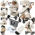 2 in 1 Baby Stroller, Convertible Pram, Reversible Standard Stroller, Portable Baby Buggy, Infant Carriage, Foldable High Landscape Pushchair for Toddler Newborn (225 Creamy White)