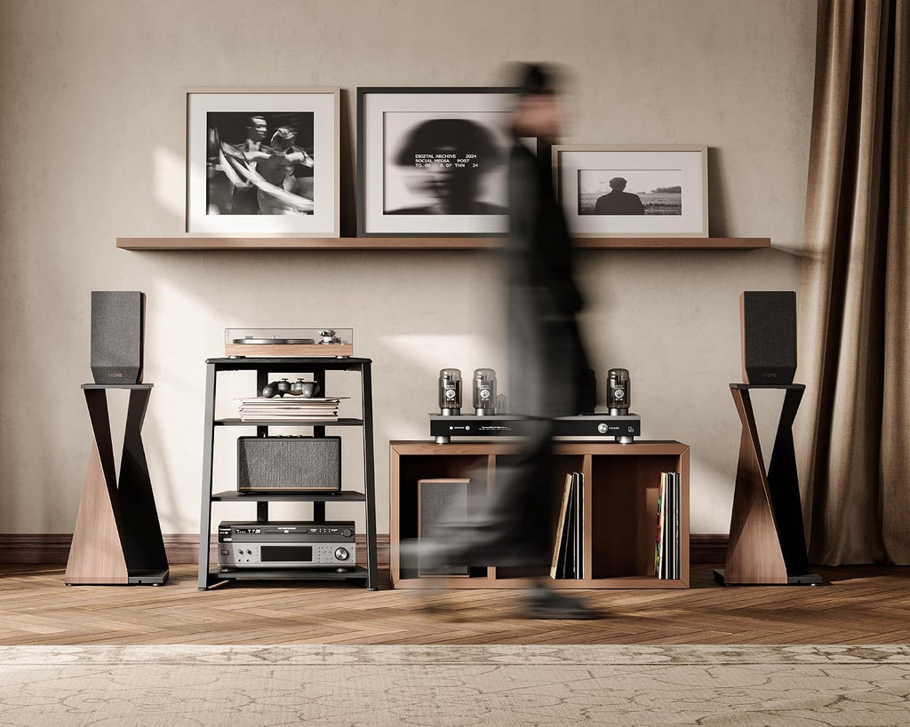 FITUEYES Design 4-Tier AV Media Stand Corner Shelf Stand Wooden Corner Shelves Component Cabinet Stereo Rack Audio Tower with Height Adjustable Wooden Shelves for/Xbox One/ps4 (Black)