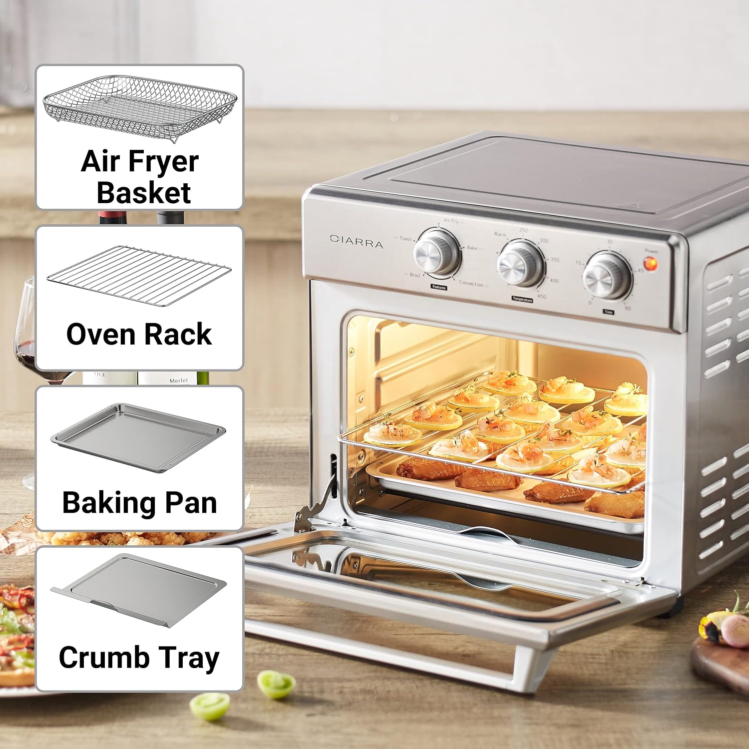 CIARRA CATOSMC01 Oil-Less Countertop Convection Oven, Air Fryer Toaster Oven with 6-in-1 Function, Nonstick Interior, 25QT, 1700W, Stainless Steel