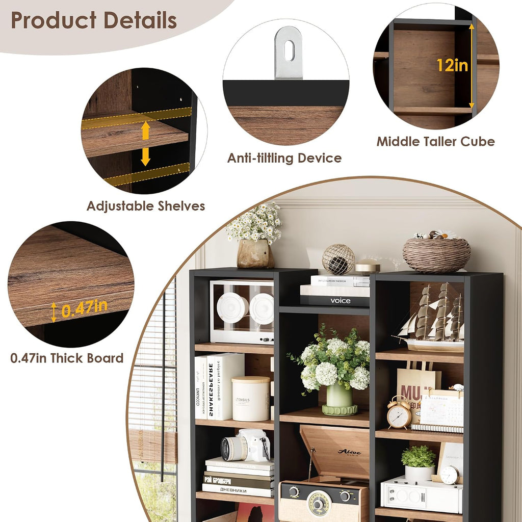 FOTOSOK 71'' Tall Bookshelf with 21 Cubes, 8 Tier Triple Wide Bookshelf with 8 Adjustable Shelves, 35' Large Bookcase DVD/CD Media Tower Storage, Freestanding Display Shelf Cabinet, Black/Brown