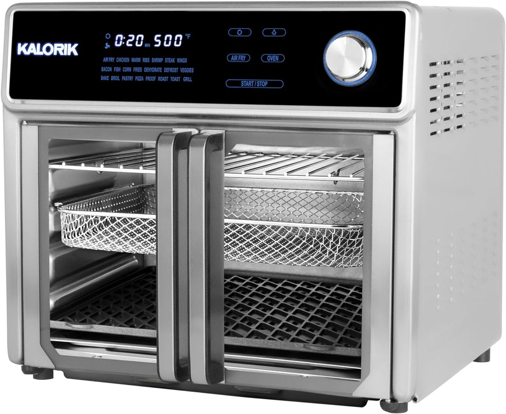 Kalorik Air Fryer Oven Grill MAXX Series 26-Quart with Smokeless Sear Technology Digital Controls Easy-View Door and 22 Smart Cooking Presets, Includes Cooking Accessories, 1700-Watts, Stainless Steel