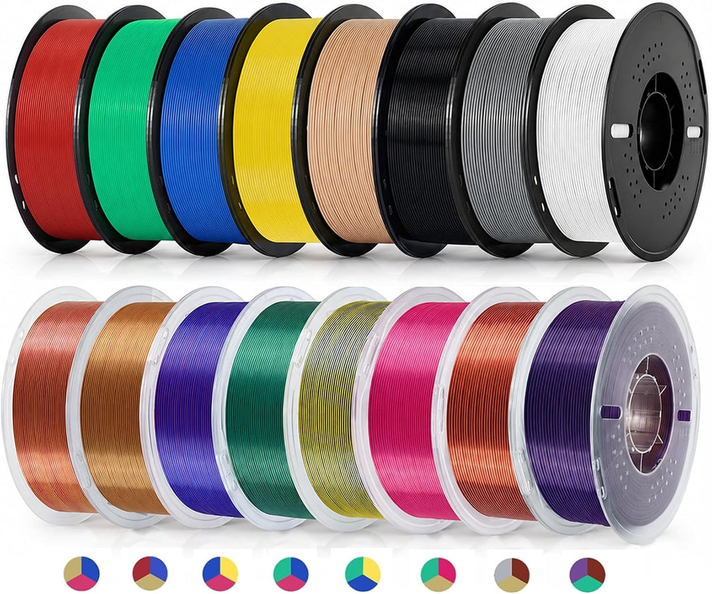 Kingroon 16KG PLA Filament 1.75mm Bundle, 3D Printer Multicolor Filament Bulk Includes Basic PLA and Tri Color Silk PLA, 1KG Spool x 16 Pack, Dimensional Accuracy +/- 0.03mm, Fit Most FDM Printers