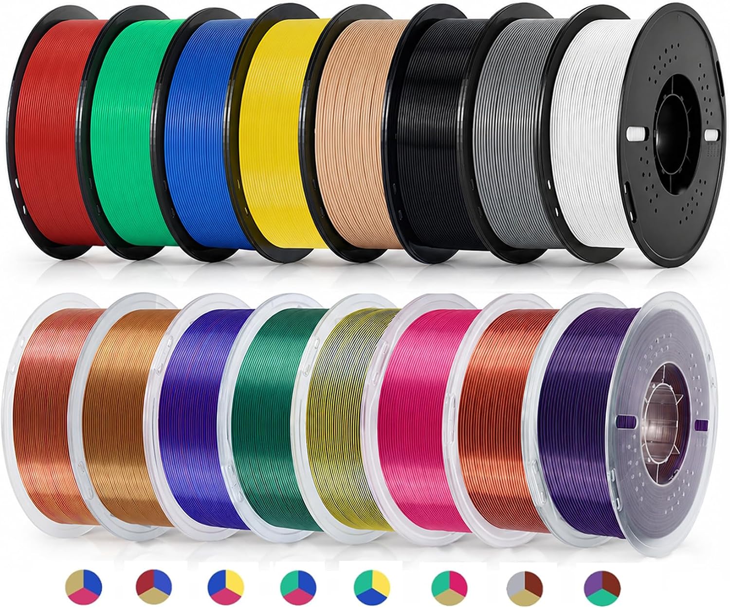 Kingroon 16KG PLA Filament 1.75mm Bundle, 3D Printer Multicolor Filament Bulk Includes Basic PLA and Tri Color Silk PLA, 1KG Spool x 16 Pack, Dimensional Accuracy +/- 0.03mm, Fit Most FDM Printers