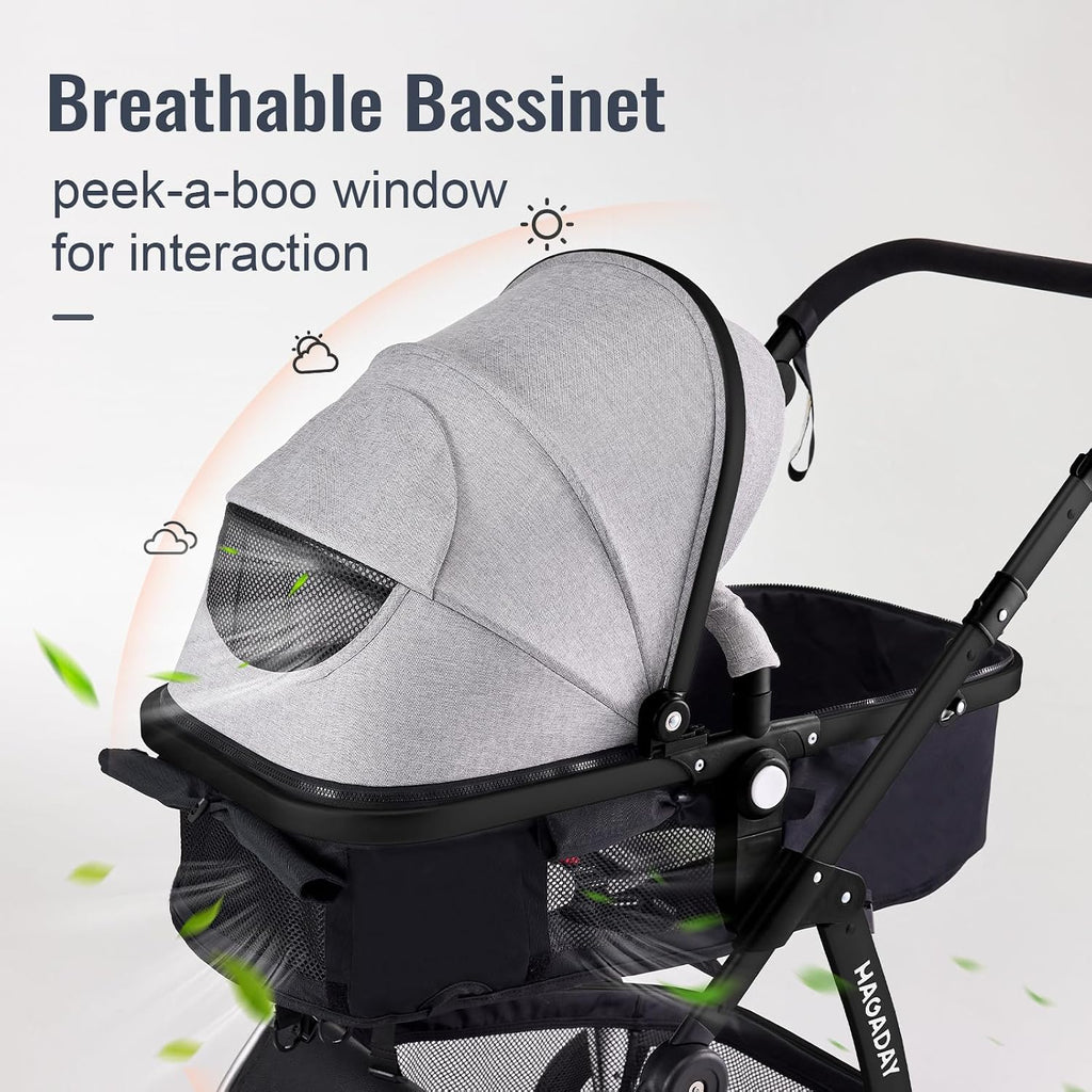 Baby Stroller, 2-in-1 Reversible ToddlerSeat with Lie-Flat Mode, Foldable Infant Stroller with Canopy, One Button Brake, Adjustable Handle, Newborn Pushchair (Gray B)