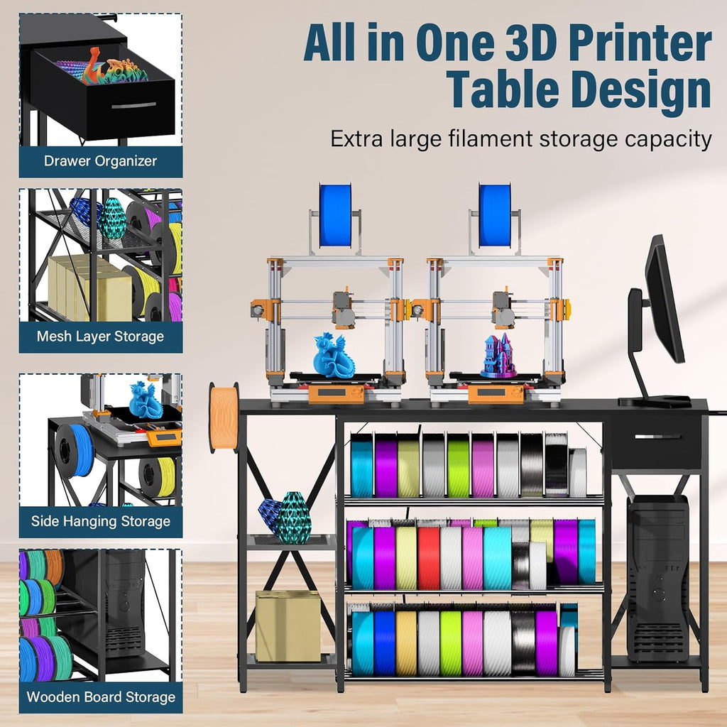 Heavy Duty 3D Printer Table with Storage, Large 4-Tier 3D Printer Stand with Power Outlet & Drawer, Sturdy Wooden Desk & Metal Filament Rack for Workshop, Home Office Black