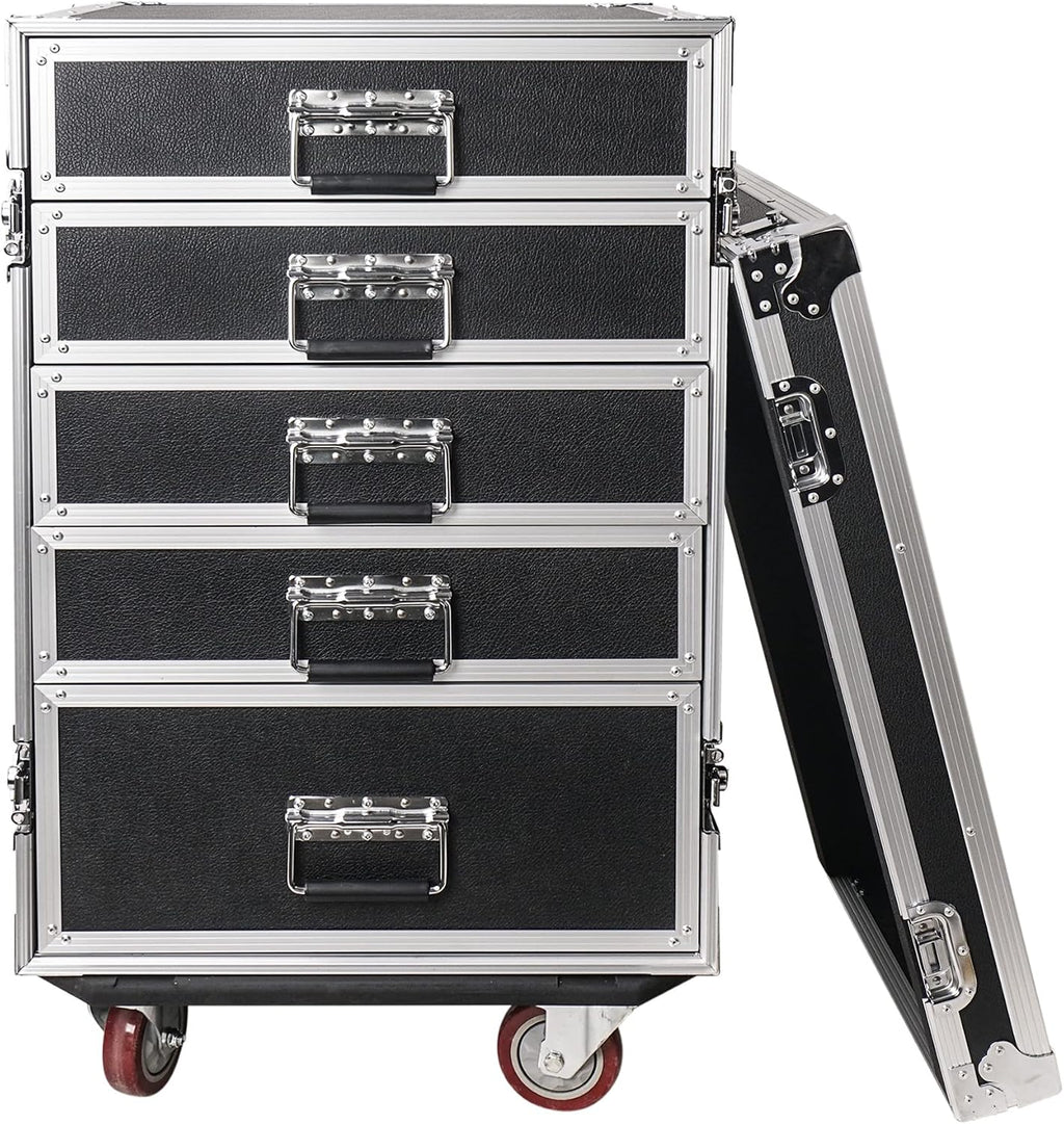 Sound Town Enhanced Thickness 1/2' (12mm) Plywood Road Case with 5-Drawer and Table for Customizable Stage and Studio Utility Equipment Storage, Pro Tour Grade (STRC-PROWT5D)