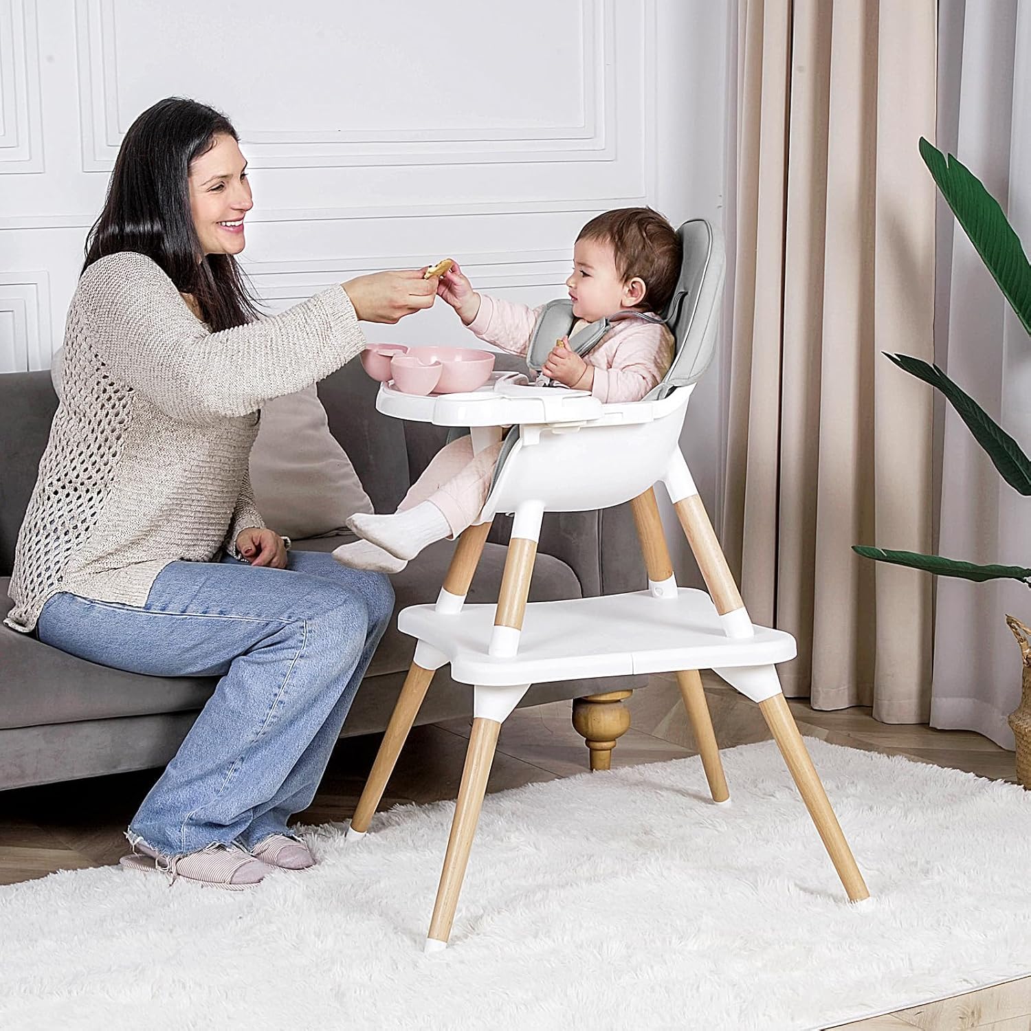 6 in 1 High Chair for Babies & Toddlers, Convertible Wooden Baby Highchair, Table and Chair Set, Baby Feeding Chair, 5-Point Adjustable Harness/4-Position Removable Tray& PU Seat Cushion(Grey)