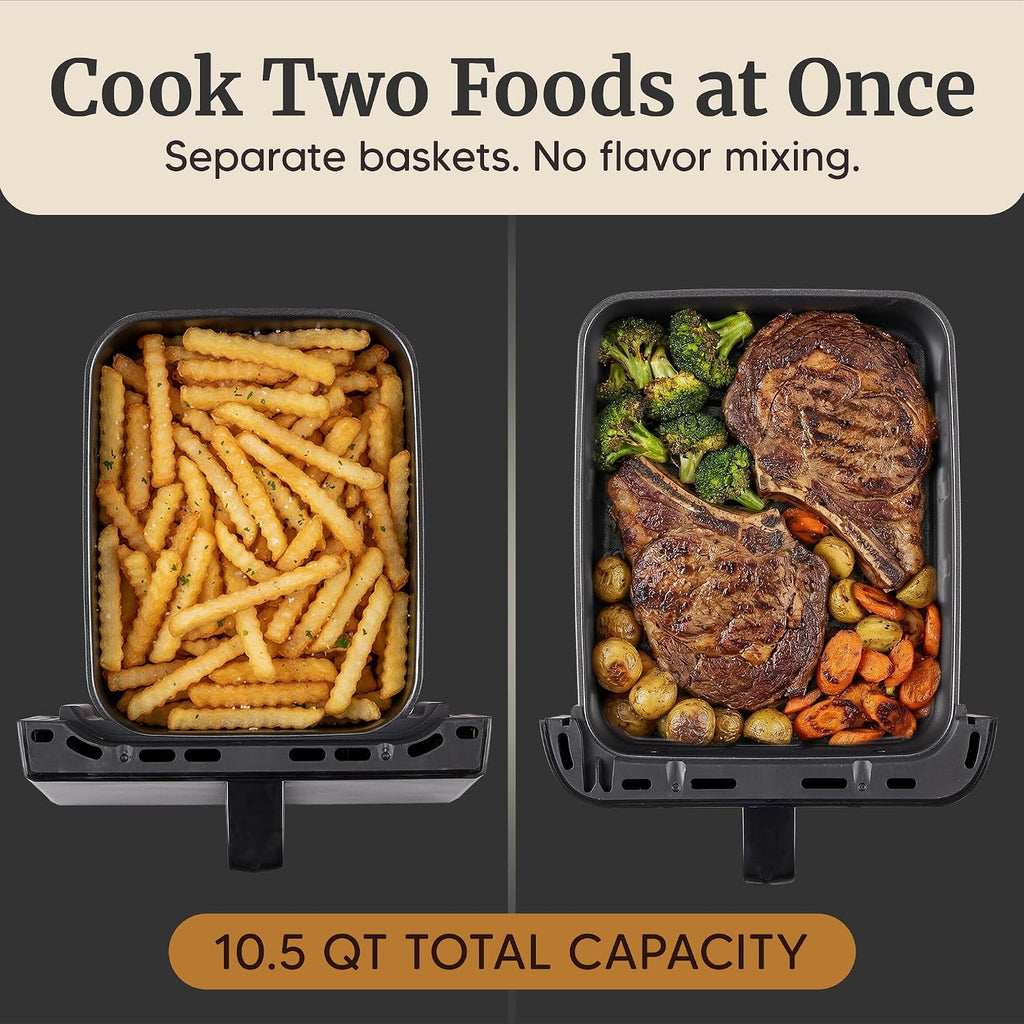 Elite Gourmet Dual Stacked Air Fryer, 10.5 Qt Total Capacity, PFAS-Free Nonstick Baskets, Sync Cook & Sync Finish, 10 Presets, 1700W, Black