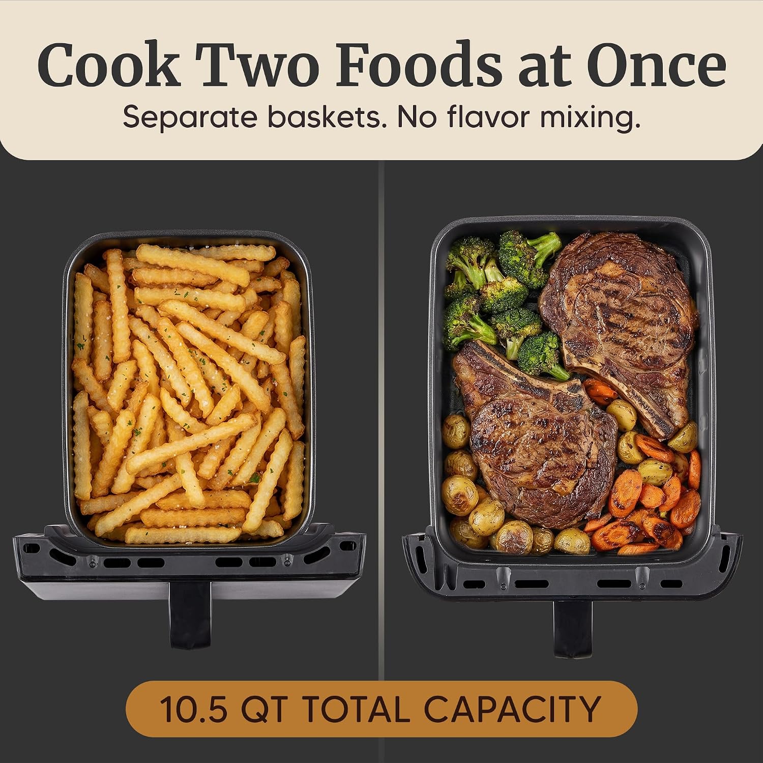 Elite Gourmet Dual Stacked Air Fryer, 10.5 Qt Total Capacity, PFAS-Free Nonstick Baskets, Sync Cook & Sync Finish, 10 Presets, 1700W, Black