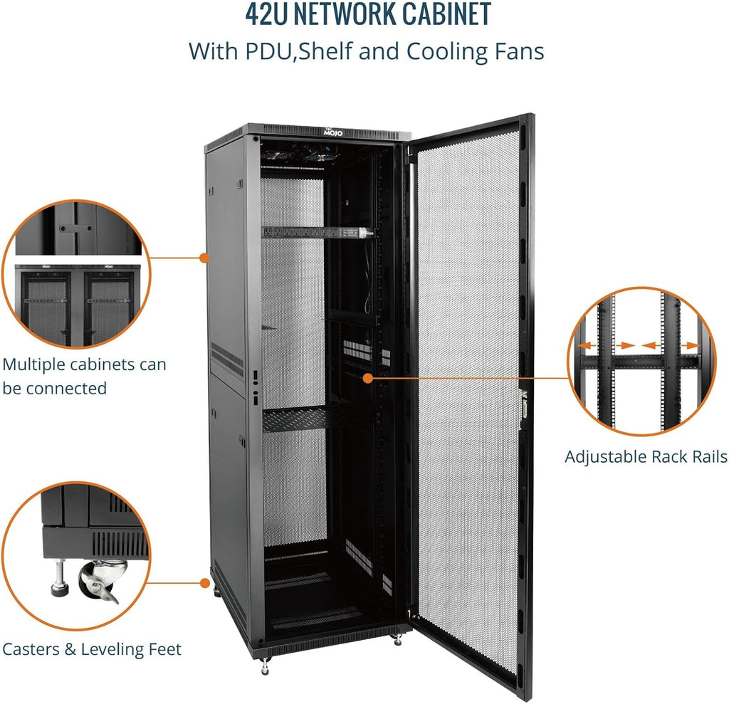 Tecmojo 42U Server Rack Network Cabinet 23.6' D x 23.6' W, Locking Data Cabinet Enclosure for 19' Server, Networking, AV & IT Equipment, Mesh Door, Black