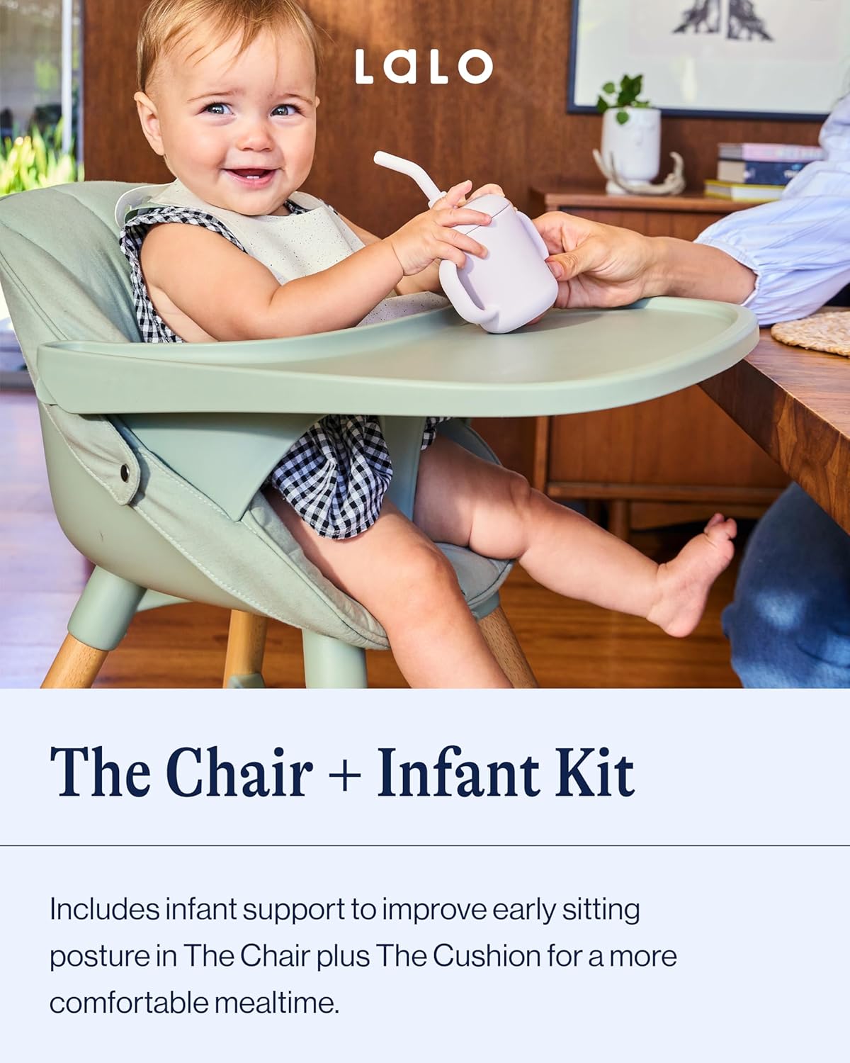 Lalo The High Chair Infant Kit - Convertible Wooden High Chair for Babies & Toddlers with Infant Support & Cushion, Grows with Your Child, Dishwasher Safe Tray, Adjustable Footrest Sage