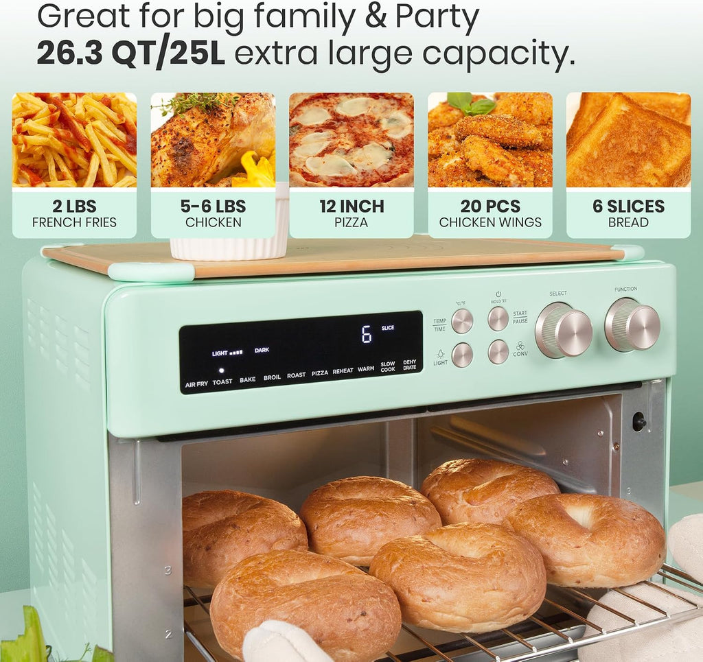 VAL CUCINA Retro Style Infrared Heating Air Fryer Toaster Oven, Extra Large Countertop Convection Oven 10-in-1 Combo, 6-Slice Toast, Enamel Baking Pan Easy Clean with Recipe Book, Green Color