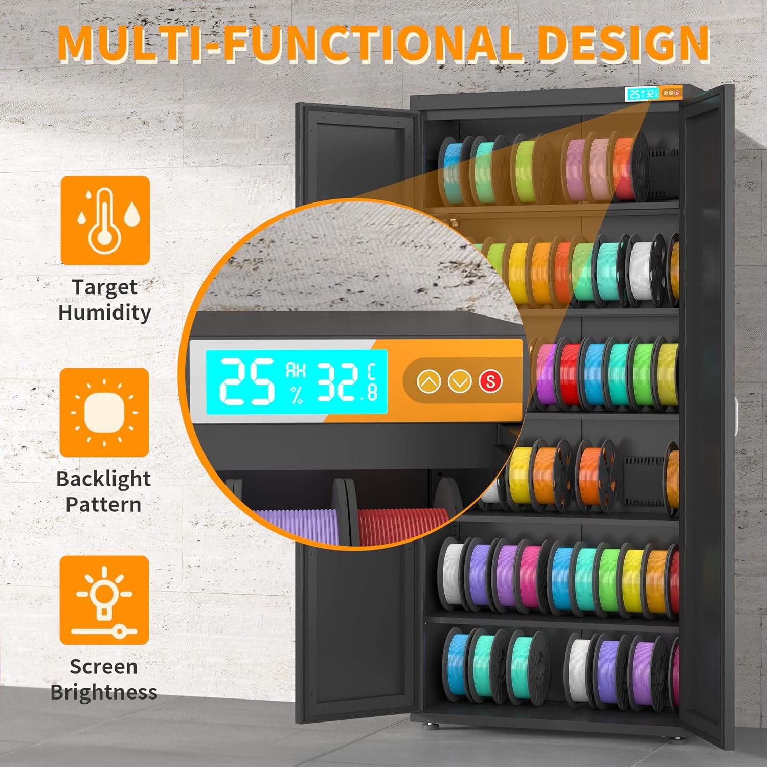 3D Printer Stand 6-Tier 110 Rolls Filament Storage,25% RH Control Filament Dehumidification Cabinet 3D Printing Sealing and Protection for PLA/ABS/TPU/Nylon (Black 380L)
