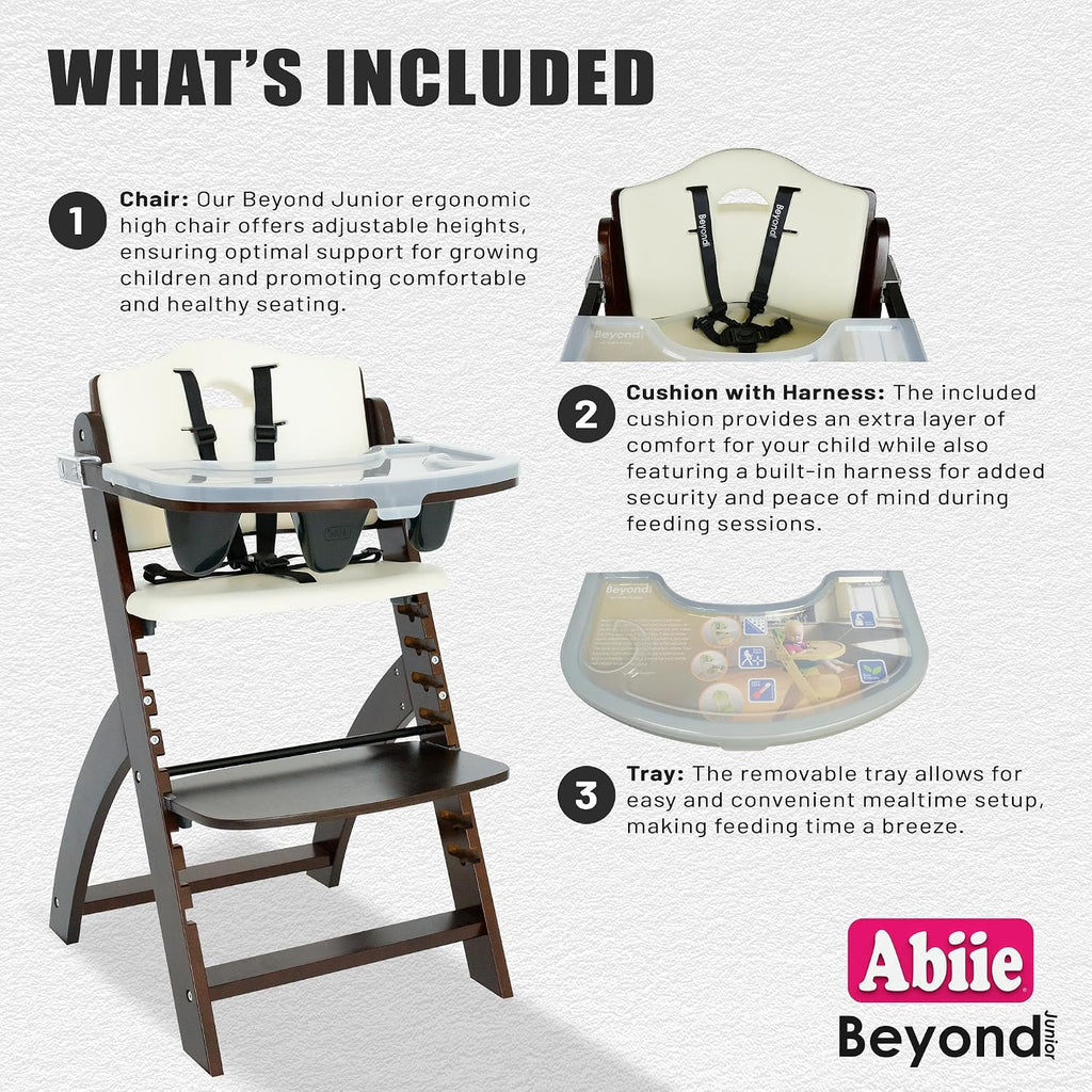 Abiie Beyond Junior Wooden High Chair for Babies and Toddlers - Convertible 3-in-1 Baby Highchair with Removable Tray - 6 Months to 250 Lb - Water Resistant - Mahogany Wood/White Cushion