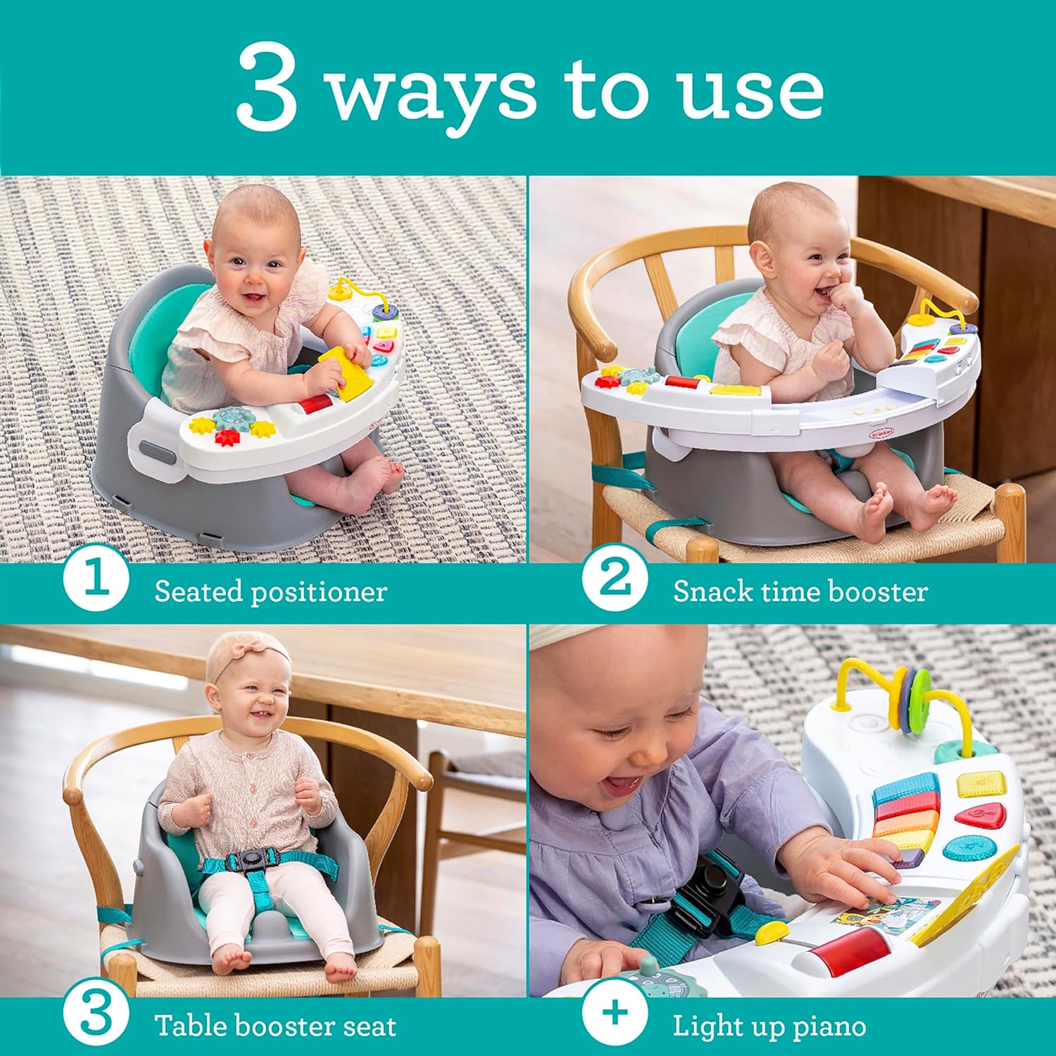 Infantino Music & Lights 3-in-1 Discovery Seat and Booster with Piano - Convertible Infant Activity, Feeding Seat and Table Booster, Lavender and Teal