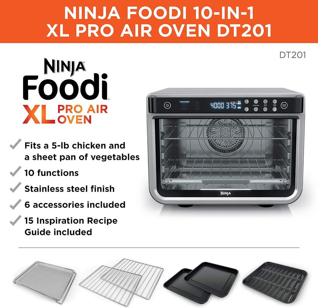 Ninja Air Fryer & Toaster Oven Combo | 10-in-1 Foodi XL Pro Air Fry Countertop Oven | Fit a 5-lb Chicken & Sheet Pan of Vegetables | Bake, Dehydrate, Toast & More |1800 Watts | Stainless Steel | DT201