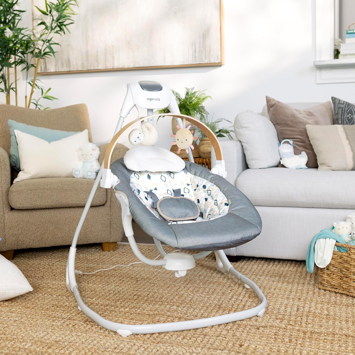 Ingenuity SimpleComfort Compact Baby Swing, Rotating Seat Swings in 3 Directions, 6 Speeds, 8 Melodies & 3 Nature Sounds, Ages 0-9 Months, Up to 20 Pounds - Parker