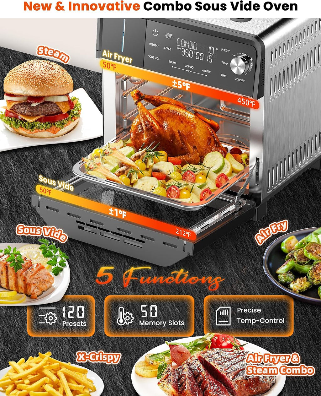 Nuwave Combi Steam Oven, Non-Toxic Stainless Steel Multi-Cooker with Air Fry, Sous Vide, Toast & More, 50-450°F Precision, 120 Presets, Moisture Control, Programmable, Easy to Clean, 16 quarts