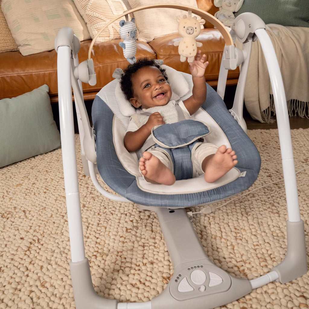 Ingenuity Swing n Go Portable Swing, Removable Sustainably Sourced Wood Toy Bar, 5-Speed, for Ages 0-9 Months, Up to 20 Pounds - Chambray
