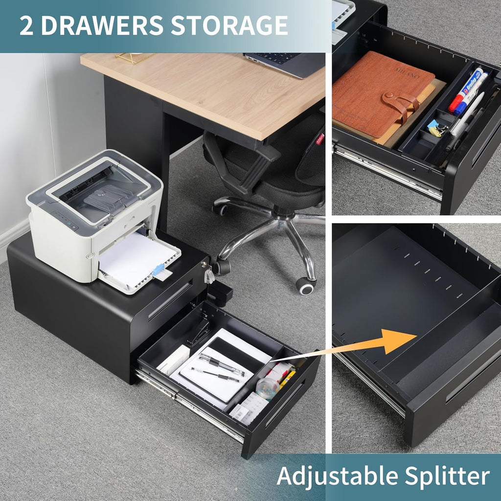 Under Desk Printer Stand with Storage – 2-Drawer Printer Table for Home & Office, Mobile Printer Cart with 2 Sets of Casters and Lockable Drawers, 4 Keys, Black