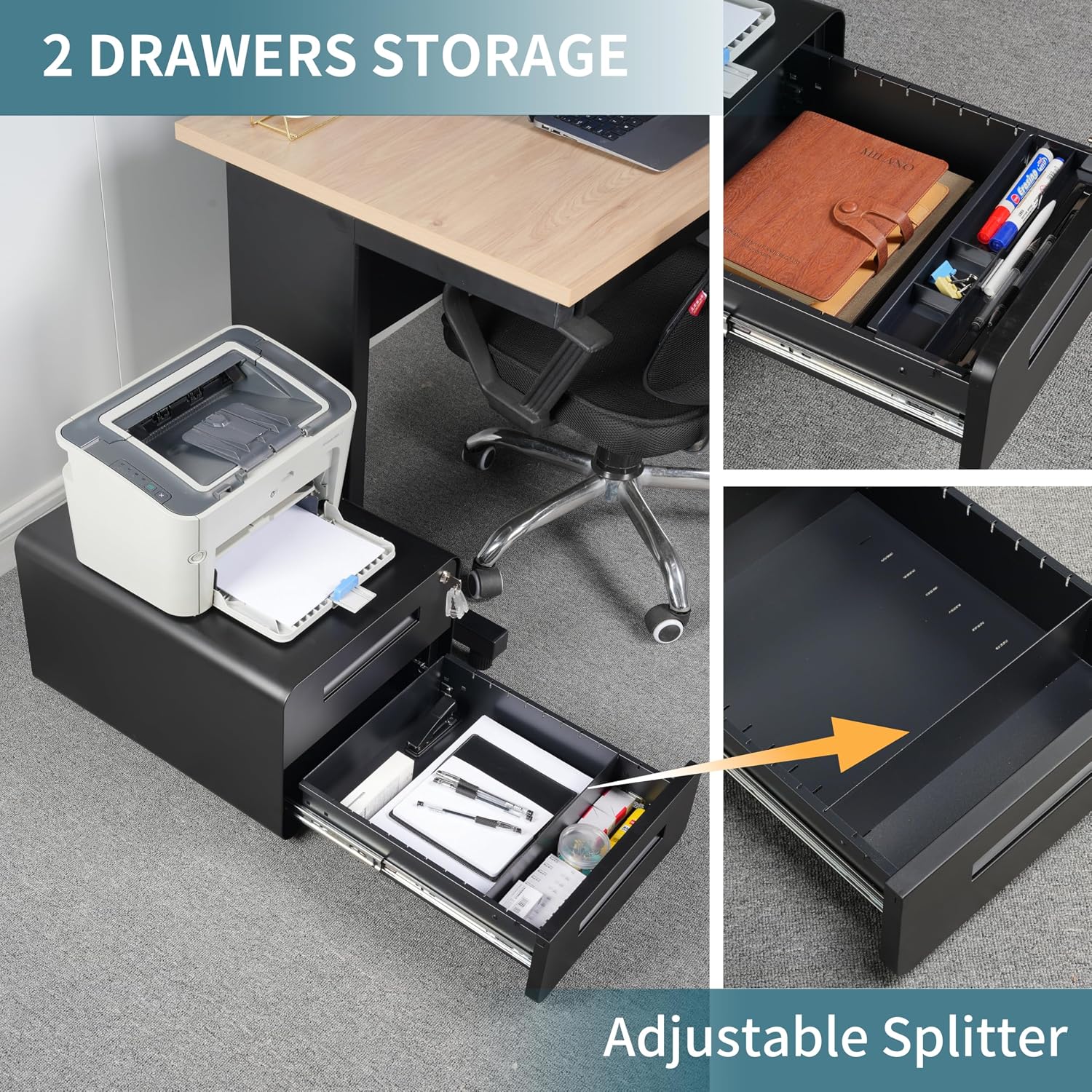 Under Desk Printer Stand with Storage – 2-Drawer Printer Table for Home & Office, Mobile Printer Cart with 2 Sets of Casters and Lockable Drawers, 4 Keys, Black
